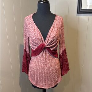 B4 VENUS Women’s Medium Red Knotted Tunic with Lace Sleeves